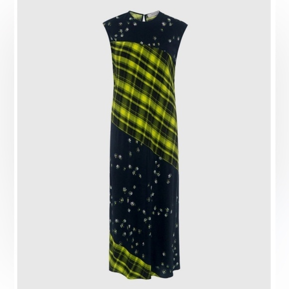 Preen Dress Womens XS Blue Yellow Line Floral Plaid Swift Midi Boho Fall - Picture 1 of 6